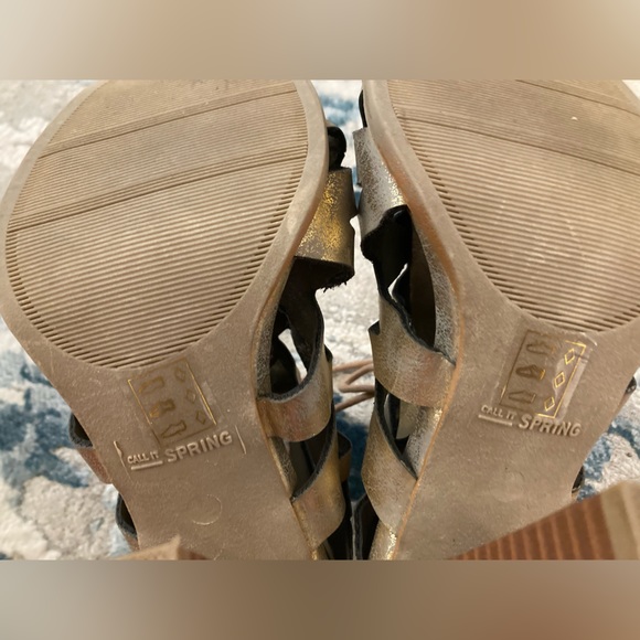 Call It Spring Gold Metallic Bootie Lace Up Block High Heels Zip Up Chunky | 7.5 - Picture 13 of 15